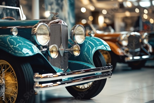 A vintage car parked inside a showroom. This image can be used for showcasing classic car collections or in articles about car exhibitions. © Fotograf