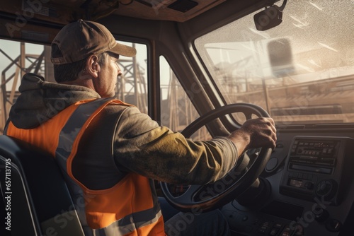 A man is pictured driving a truck on a bridge. This image can be used to depict transportation, travel, or the concept of moving forward.