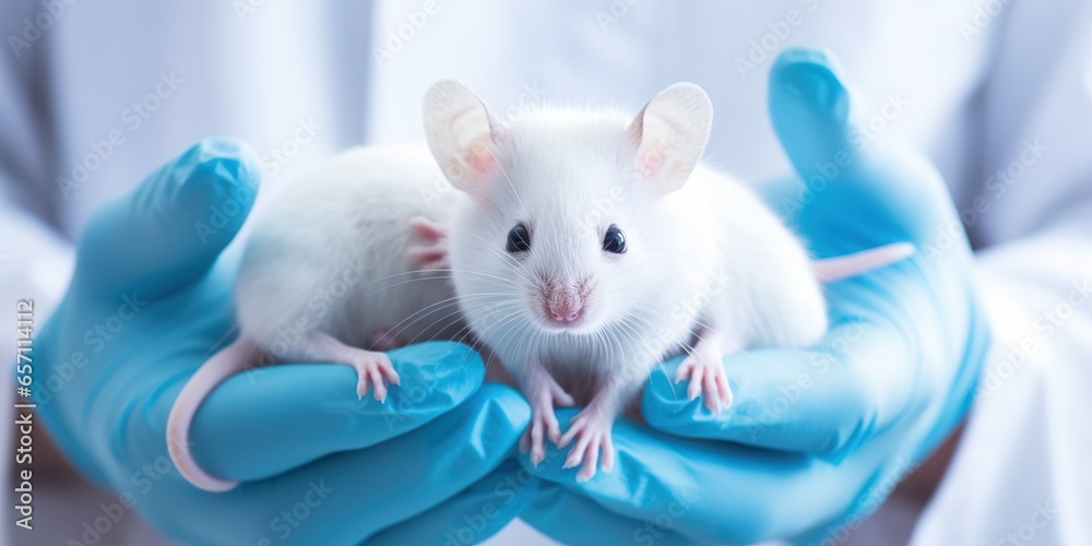 Laboratory mice in the hand of a scientist in a white coat close-up , concept of Animal testing - obrazy, fototapety, plakaty 