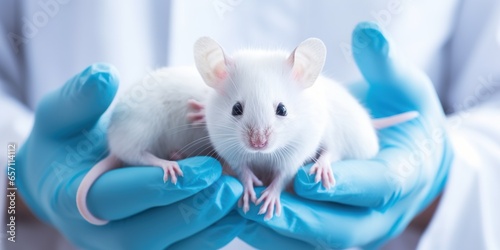 Laboratory mice in the hand of a scientist in a white coat close-up , concept of Animal testing photo
