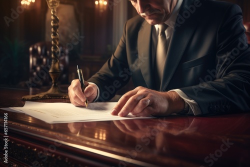 A professional man in a suit signing an important document. This image can be used to represent business, contracts, legal agreements, professionalism, and decision-making.
