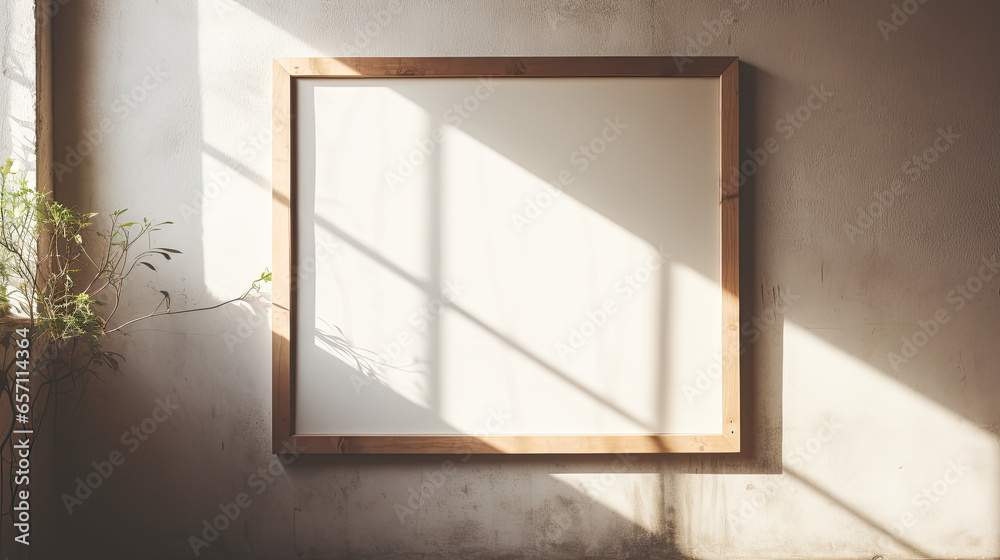 blank wood frame of blank photo leaning against neutral wall, morning sun light 