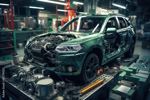 A green car being worked on in a factory. Suitable for automotive industry-related designs.