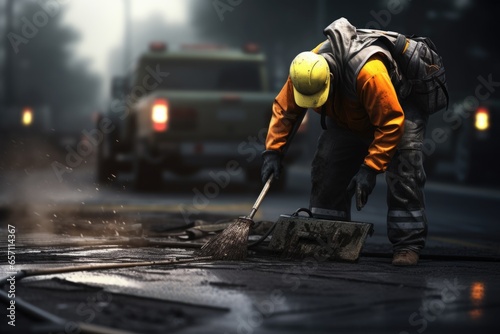 A construction worker is diligently working on a street. This image can be used to depict construction projects, infrastructure development, or urban planning.