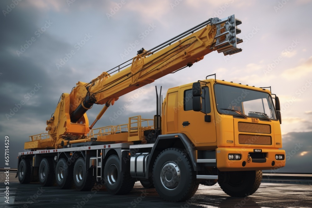 A large yellow truck with a crane on its back. This versatile image can be used to depict construction, transportation, heavy machinery, and industrial themes.