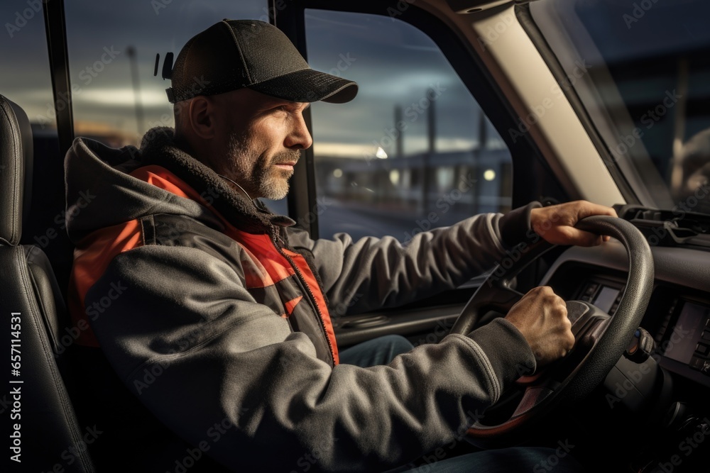 A man driving a truck at night. This image can be used to depict a truck driver on a night shift or to illustrate the transportation industry. A man driving a truck at night. This image can be used to depict a truck driver on a night shift or to illustrate the transportation industry.