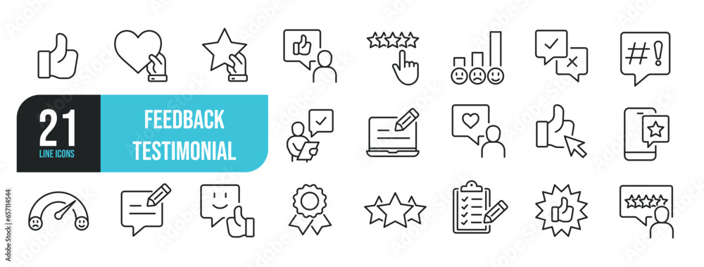 Set of line icons related to customer satisfication, feedback, testimonial, rating. Outline icons collection. Editable stroke. Vector illustration.