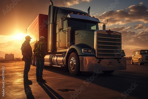 A man standing confidently in front of a powerful semi truck. This image can be used to portray strength, determination, and the trucking industry.