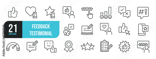 Set of line icons related to customer satisfication, feedback, testimonial, rating. Outline icons collection. Editable stroke. Vector illustration.