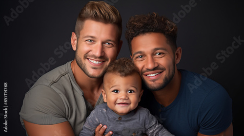 Portait of happy gay couple with their son.