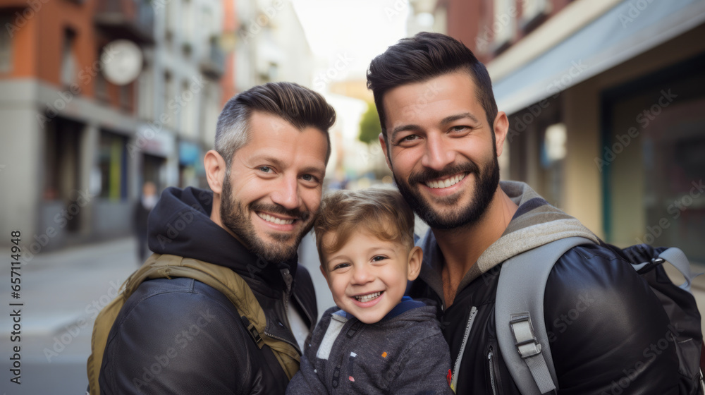 Portait of happy gay couple with their son.