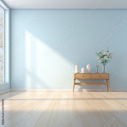 Empty room, blue walls and wooden floor Contains a little furniture. There is a gentle sunshine streaming through the window. photo