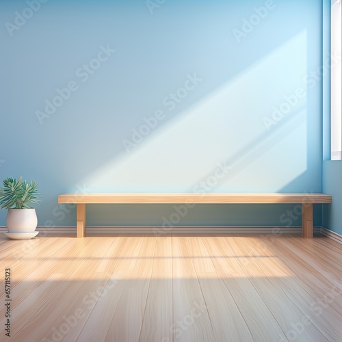 Empty room, blue walls and wooden floor Contains a little furniture. There is a gentle sunshine streaming through the window.