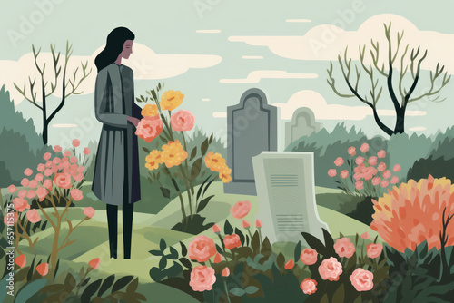 woman in mourning visiting a grace/headstone with flowers at a cemetery for loss bereavement sadness memorial ceremony in textured pencil hand drawn color block sketch illustration style photo