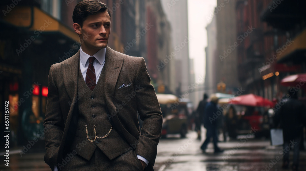 Φωτογραφία Handsome businessman in suit, with his hands in his pockets, walking in the city street