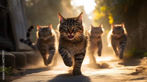 4 chats courent vers l'objectif, généré par IA photo