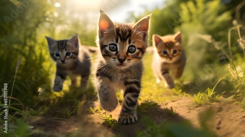 3 chatons dans l'herbe courent vers l'objectif, généré par IA photo