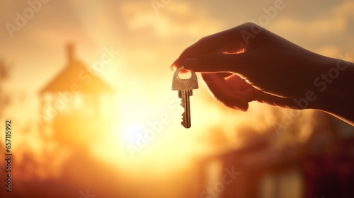 An image of a woman holding a key and a wooden house silhouette against the sun. Home ownership concept, real estate concept
