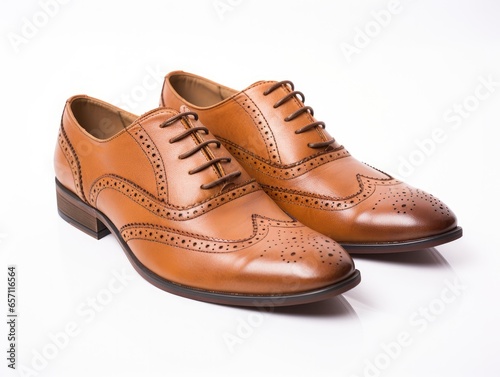 elegant men's tan oxford brogue shoes for formal occasions and stylish wear, pair of leather shoes on white background, ai generated