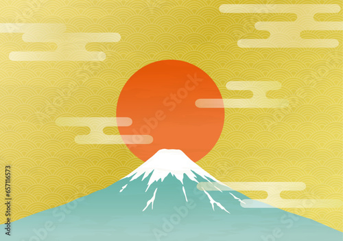 富士山と日の出 和風背景 はがきテンプレート