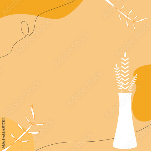 Orange trendy abstract square art templates with leaf in a vase and geometric elements.  Vector background for social media posts, mobile apps, banners design. 