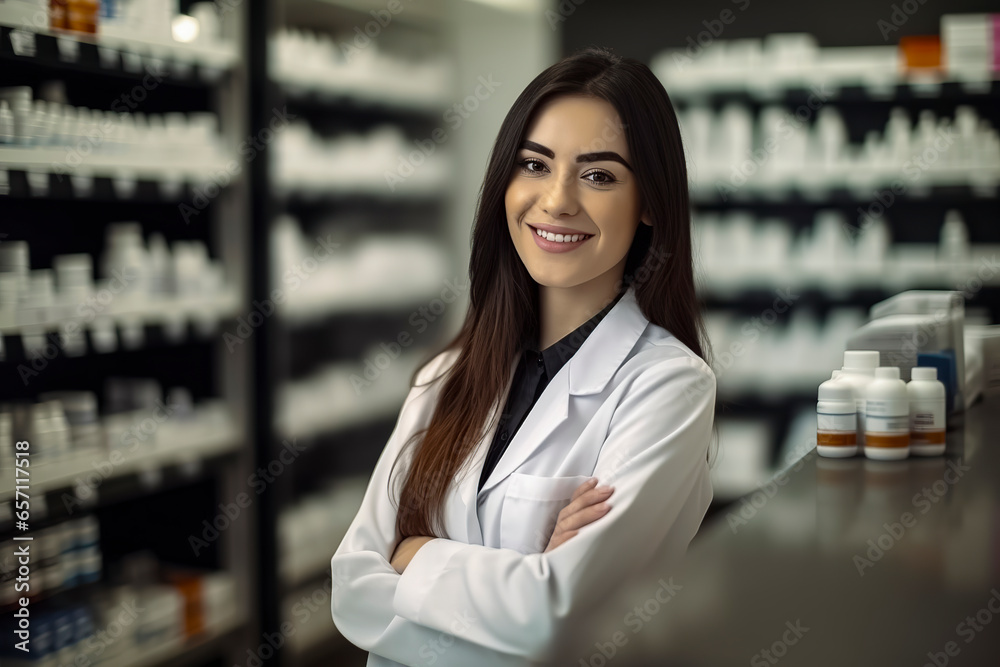 Pharmacy of Smiles: A Competent Brunette Pharmacist Offers Friendly Service in a Modern Health Haven, ai generative