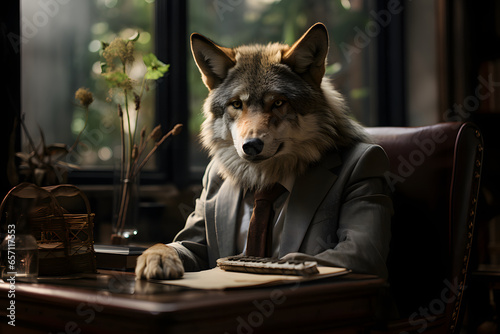 Friendly wolf in business suit at office.