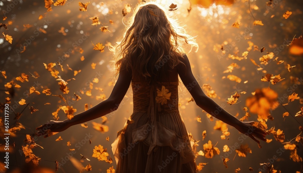 Shot of a mystical beam of light falling on a woman standing among trees with falling orange autumn leaves