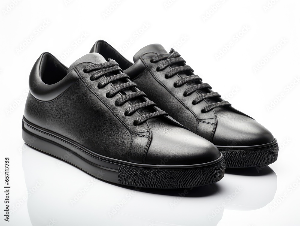 Black sneakers on white background, pair of leather shoes, product shot, ai generated