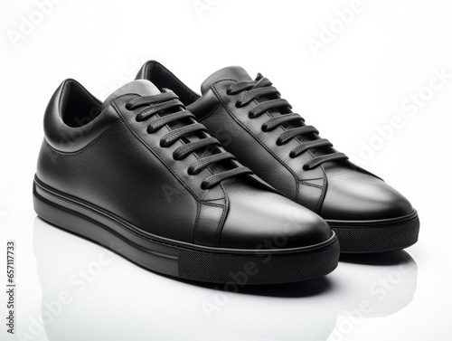 Black sneakers on white background, pair of leather shoes, product shot, ai generated