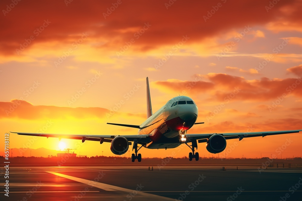 Commercial airplane jetliner flying above dramatic clouds in beautiful sunset light. Travel concept.
