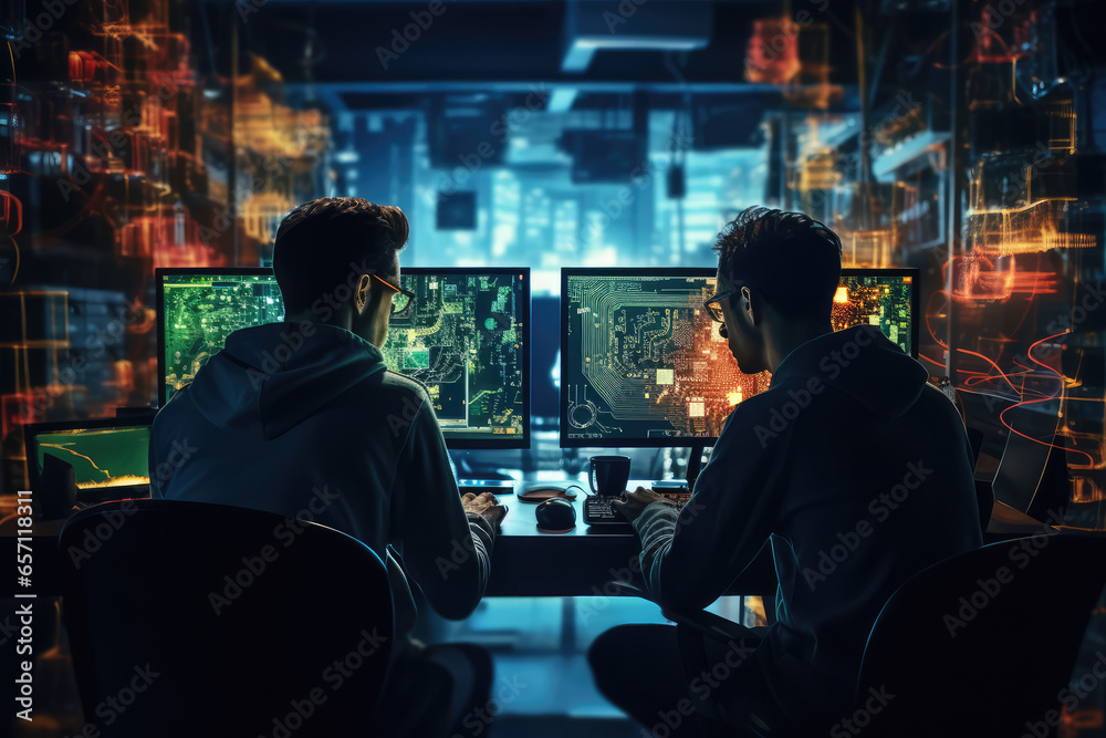 Back view of two man working on computers in data network room at night Back view of two man working on computers in data network room at night