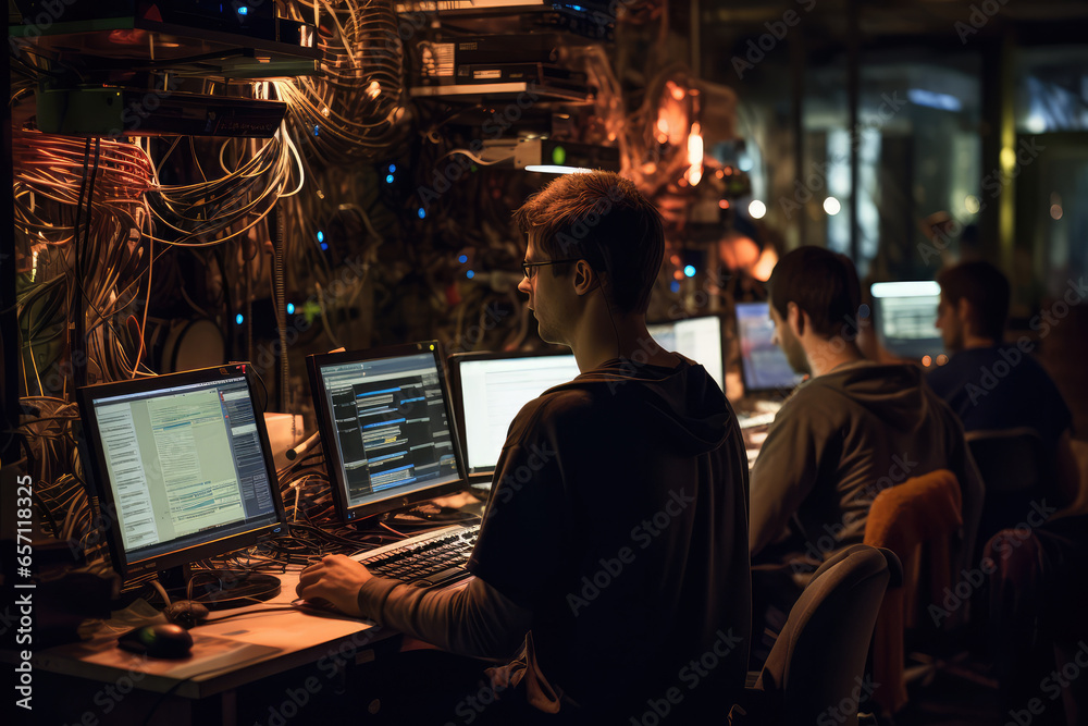 Back view of two young men working on computers in server room at night