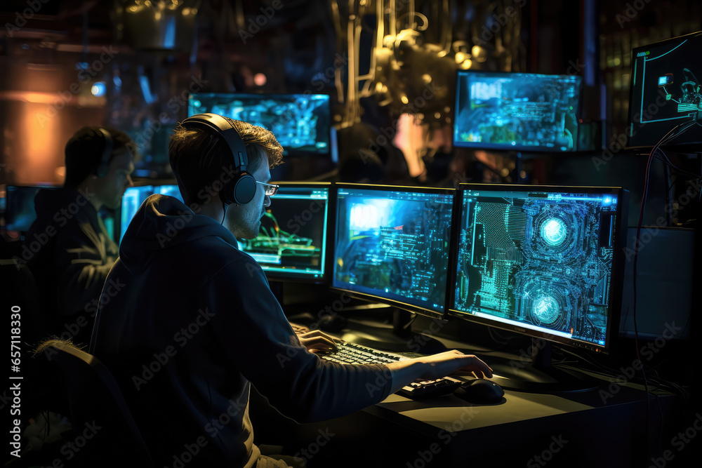 Cyber security concept. Security guard in surveillance room at night.