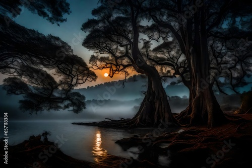 night landscape with trees and lake, Amidst an ancient forest, an enormous tree stands tall and ancient, its gnarled bark bearing witness to centuries of existence © SANA