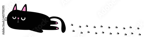 Laying black cat. Body with paws, tail. Funny sad face head silhouette. Paw foot print track. Meow. Cute cartoon baby character. Kawaii animal. Pet collection. Flat design. White background. Isolated.