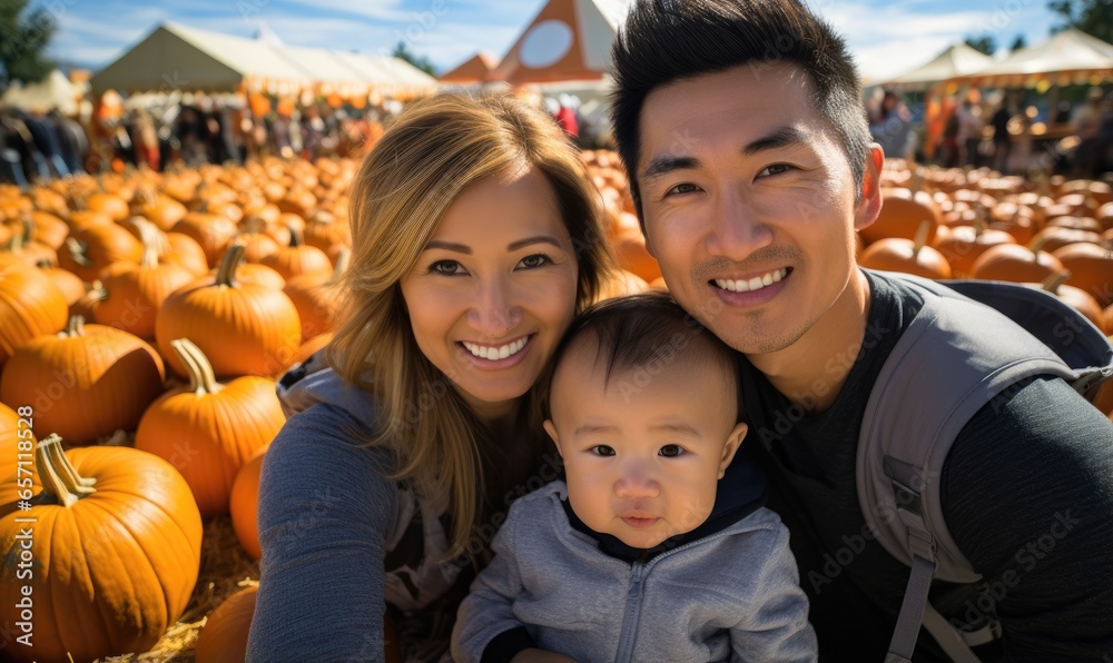 Happy Asian family with child girl in pumpkin patch, taking selfie. Smiling baby chooses pumpkin with parents at farm market for Halloween or Thanksgiving Day. Happy Asian family with child girl in pumpkin patch, taking selfie. Smiling baby chooses pumpkin with parents at farm market for Halloween or Thanksgiving Day.