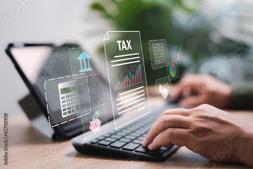 Tax payment Calculation online document management concept, Businessman use tablets calculate annual tax payment, Government, Data analysis and tax refund Pay taxes according to the legal time period.