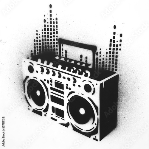 ghettoblaster graffiti stencil-art sprayed in black over white, generative ai