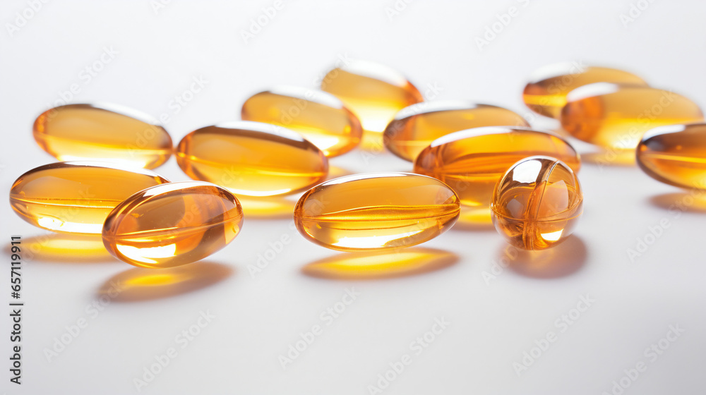Fish oil gel capsules scattered on the table, rich in omega 3, vitamin D supplements, white background Fish oil gel capsules scattered on the table, rich in omega 3, vitamin D supplements, white background