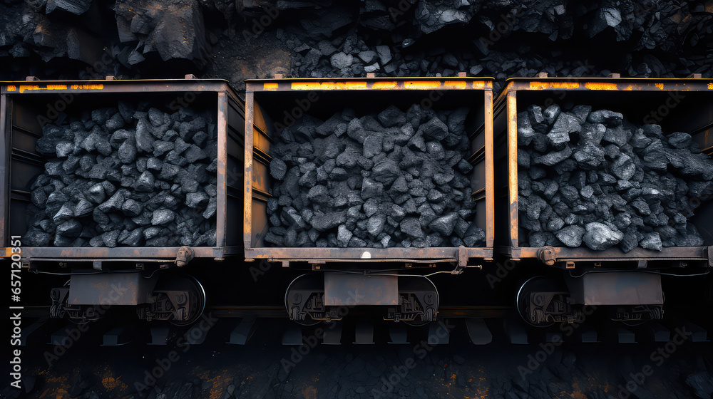 Open containers with coal on railroad tracks. Mining and Transportation of coal, solid fuel for heating houses and fireplaces. 