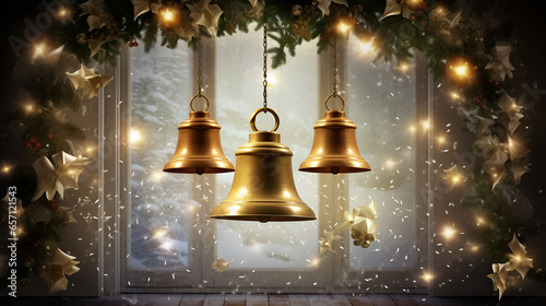 3 christmas bells on the tree Festive Bells Adorning a Christmas Tree generative ai Holiday, Festive, Ornament, Seasonal, Jingle, Celebration