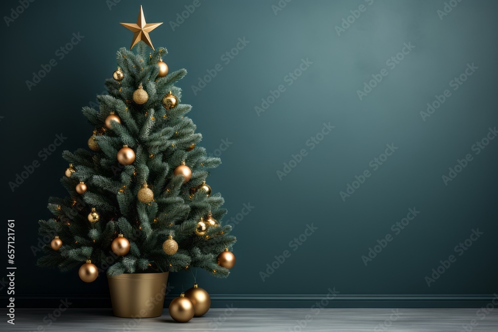 Christmas tree with golden ornaments and star on the top on green background