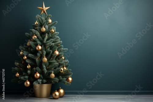 Obraz na płótnie Christmas tree with golden ornaments and star on the top on green background w salonie