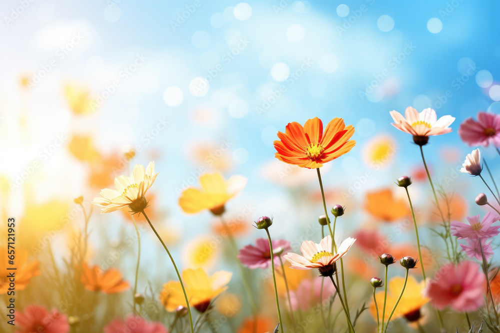 Colorful cosmos flowers blooming in meadow with bokeh background