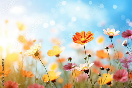 Colorful cosmos flowers blooming in meadow with bokeh background
