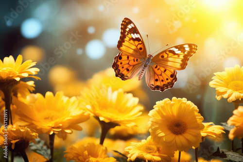 Yellow chrysanthemum flowers and butterfly on nature background.