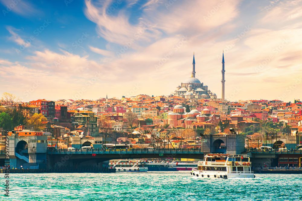 Golden Horn bay and Galata Bridge in Istanbul, Turkey. View of the Old town and mosque