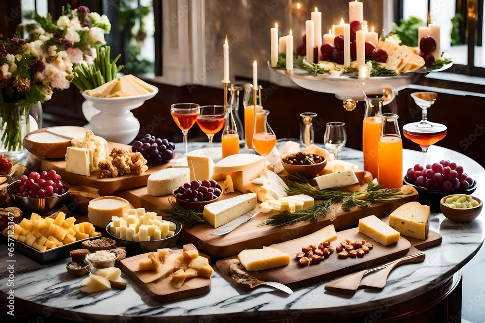 breakfast table setting, Amidst the buzz of a bustling cocktail party, a lavish spread of cheeses, snacks, and appetizers is artfully presented on a marble-topped table