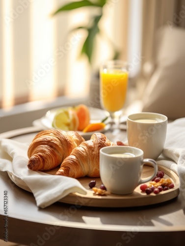 continental breakfast, croissant with coffee and juice